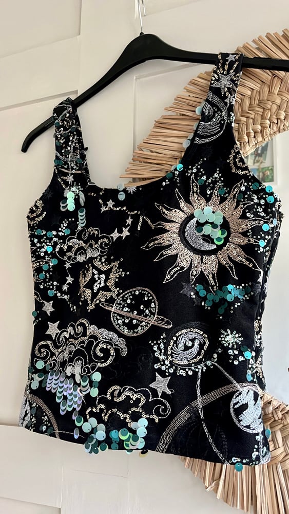 The Universe Top. Heavily embellished cosmic, star, sun and moon sequin top
