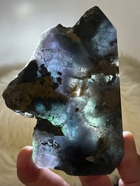Image 3 of Blue, Green, Purple Fluorite With Pyrite Inclusions Polished Tower #2829