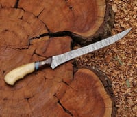 Image 2 of 13" Handmade Damascus Steel Fillet Knife with Bone Handle & Leather Sheath