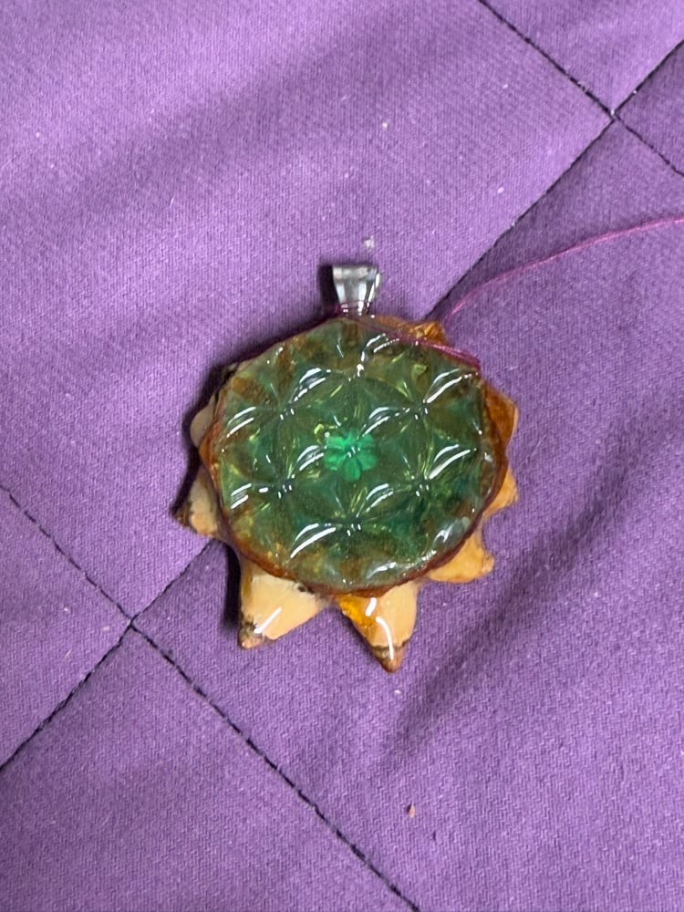 Image of Green Flower of Life Pinecone Charm with Labradorite Center | Handmade PNW Resin Jewelry | #108