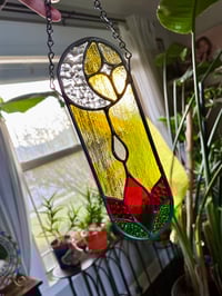 Image 5 of Moon, Star & Bloom Stained-Glass Suncatcher - Red Flower Window Hanging Art Decor