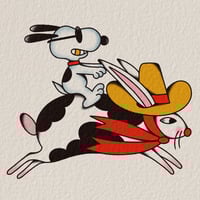 Snoopy riding a rabbit 