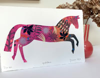 Image 2 of Gretchen , a pink and orange monoprinted horse with collage elements 