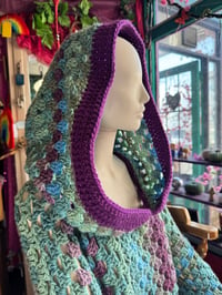 Image 4 of BLUEBELL - Hooded short top jumper M/L - flared bell sleeve - handmade crochet - one of a kind