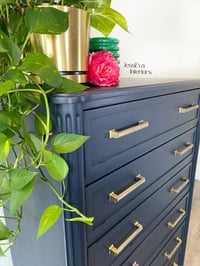 Image 2 of Vintage Stag Chateau Tallboy / Large Chest of Drawers painted in navy blue.
