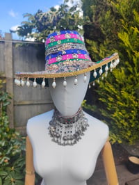 Image 1 of Dolly cowboy hat - recycled sari fabric green pink blue