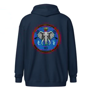 Image of implemonti "888 ELEPHANTS PLATE" Judo/Aikido Academy Uniform Zip-Up Hoodie (Gi)