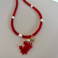 Image 3 of Red glass bead and pearl necklace with carabiner and crab 