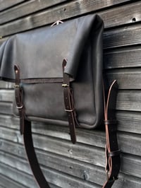 Image 3 of Leather messenger with folded top in oiled leather Musette Satchel with adjustable shoulderstrap