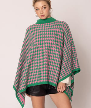 Image of Pink and Green Houndstooth Knit Poncho