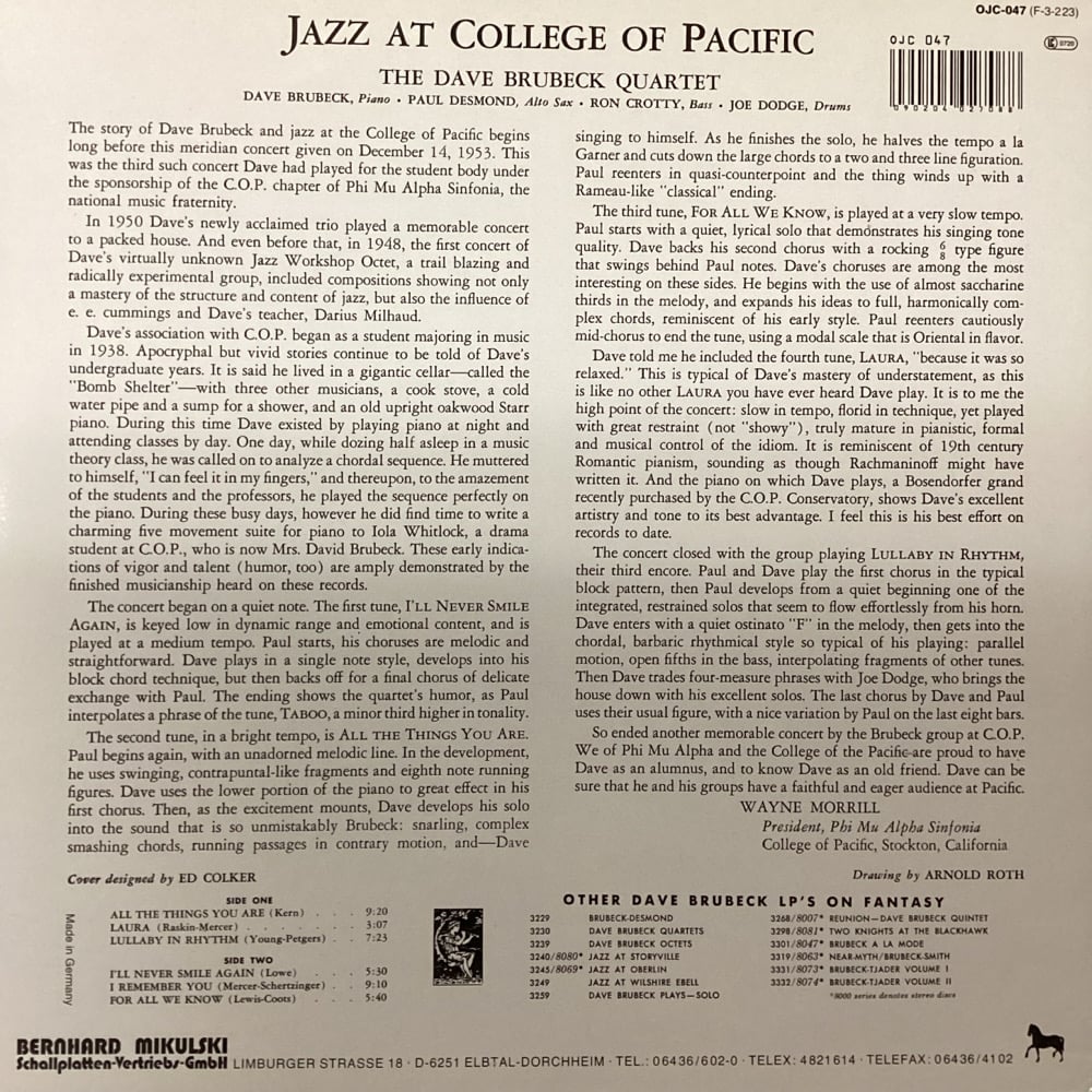 Dave Brubeck Quartet Featuring Paul Desmond ‎– Jazz At The College Of The Pacific