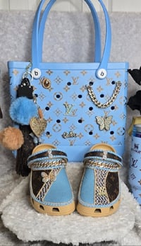 Image 2 of Size 10 Blue/Brown Crocs with Bag & Cup