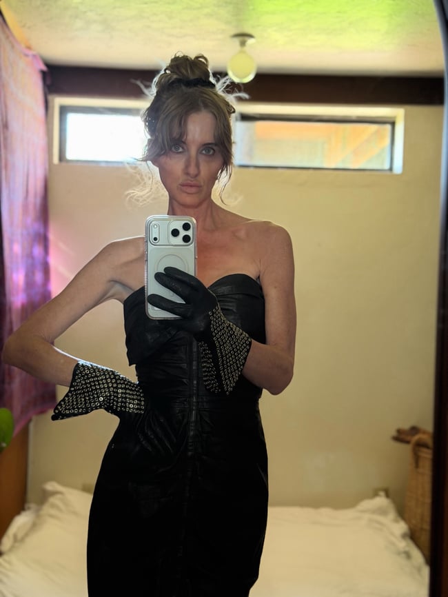 70s leather strapless ruched rock and roll dress