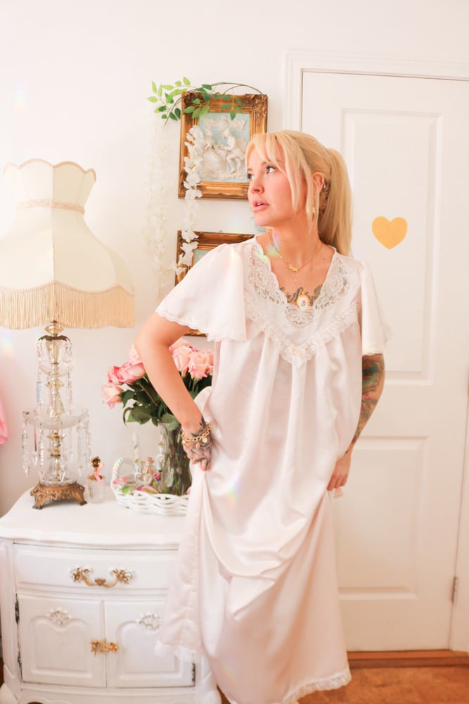 Image of Vintage 1980s Christian Dior Union Made Pastel Pink Princess Nightgown (Small)