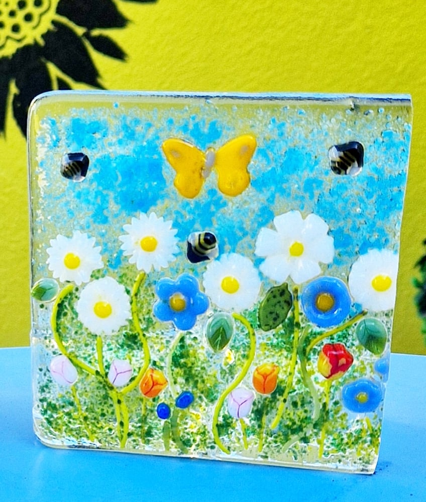 Image of Fused Glass Double Tea Light Holder with Daisies, Bees, Butterfly