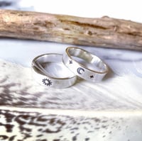 Image 1 of Celestial Sterling Silver Wedding Rings. Crescent Moon & Sun Rings - Oxidised