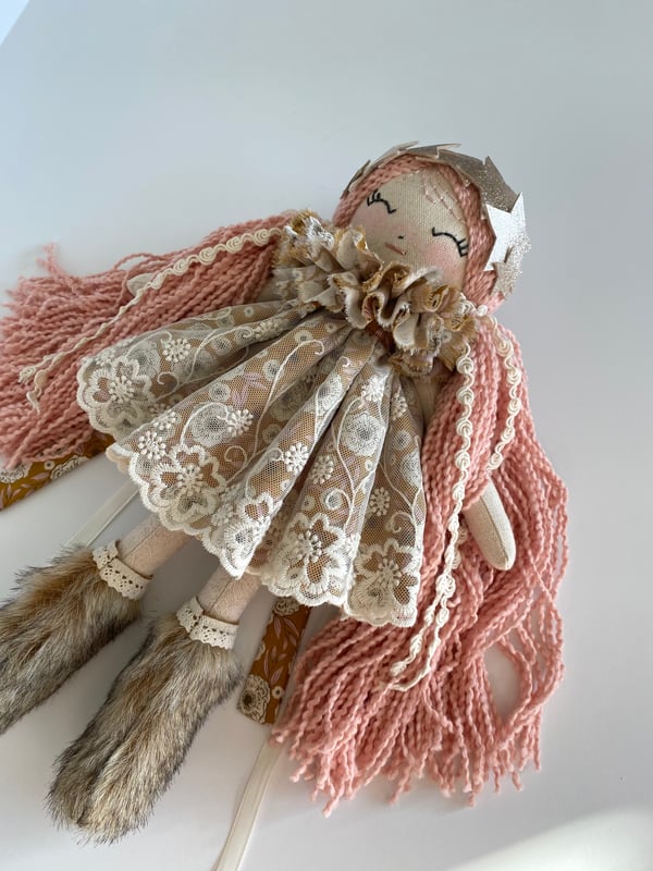 Image of RESERVED: Katie, Blush Hair Petite Doll With Golden Dress And Fur Boots