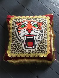 Image 10 of Red Velvet Leopard Tiger Patch Fringed Cushion Cover