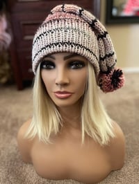 Image 2 of "Pom-Pom Party" Pink & Black Striped Stocking Cap – For Fun-Loving Heads Everywhere!
