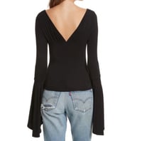 Image 2 of FREE PEOPLE black V-neck gathered front long bell sleeve top shirt