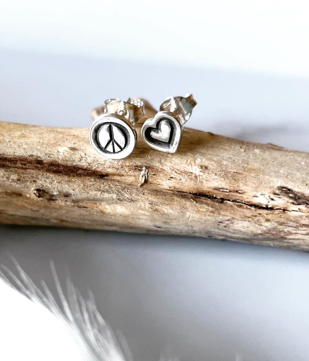 Handmade Mismatched Peace And Love Heart Sterling Silver Stud Earrings 925