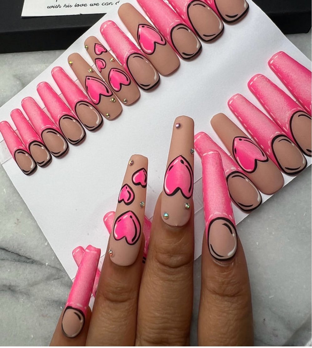 Image of 20 piece Pop art pink nails choose long stiletto or 2xl square shape press on nail below