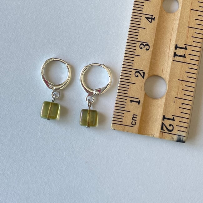 green glass square huggie hoop earrings