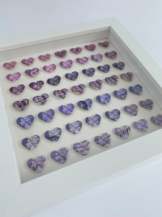 Purple postage stamp hearts - original artwork 