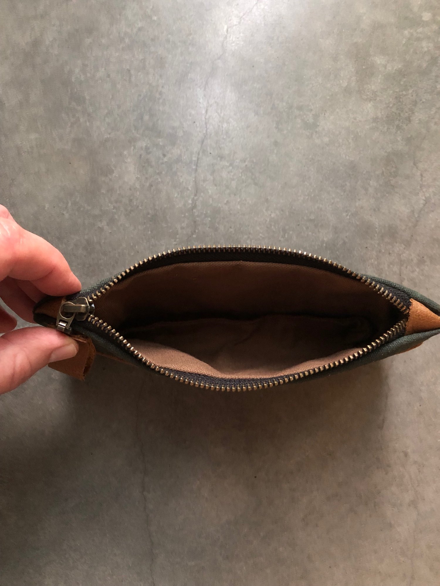 Image of Pencil case, zipper pouch in forest green waxed canvas and oiled leather