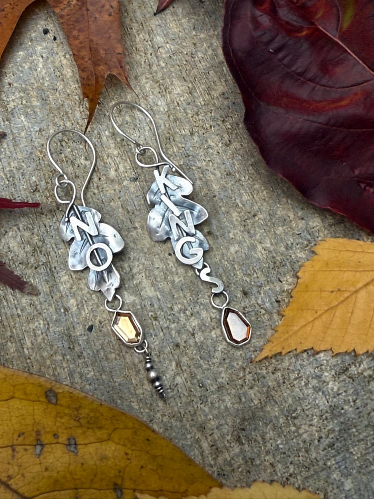 Image of White Oak Leaf Zircon "No Kings" Mismatch/Asymmetrical Dangle Earrings