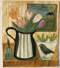 Tulips in a striped jug with bird cup
