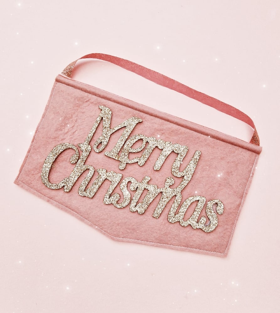 Image of Merry Christmas Blush and Gold Sparkle Hanging Banner.
