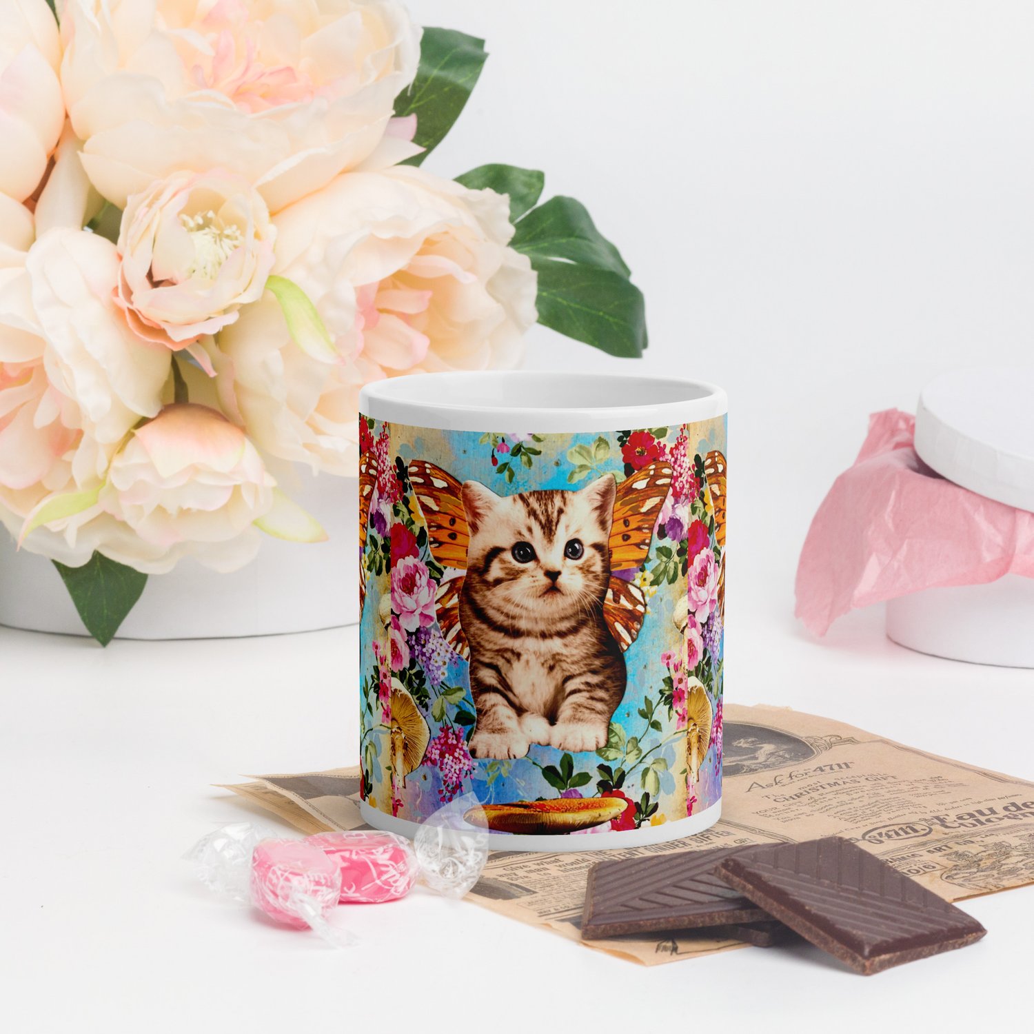 Image of Butterfly Mushroom Kitty - White Glossy Mug