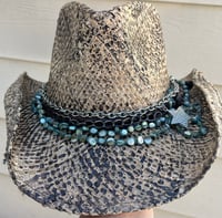 Image 1 of Natural Colored, Aged Cowboy Hat Blue Stone & Star Chain Band