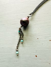 Image 17 of peacock pearl pendant with Kingman turquoise fringe