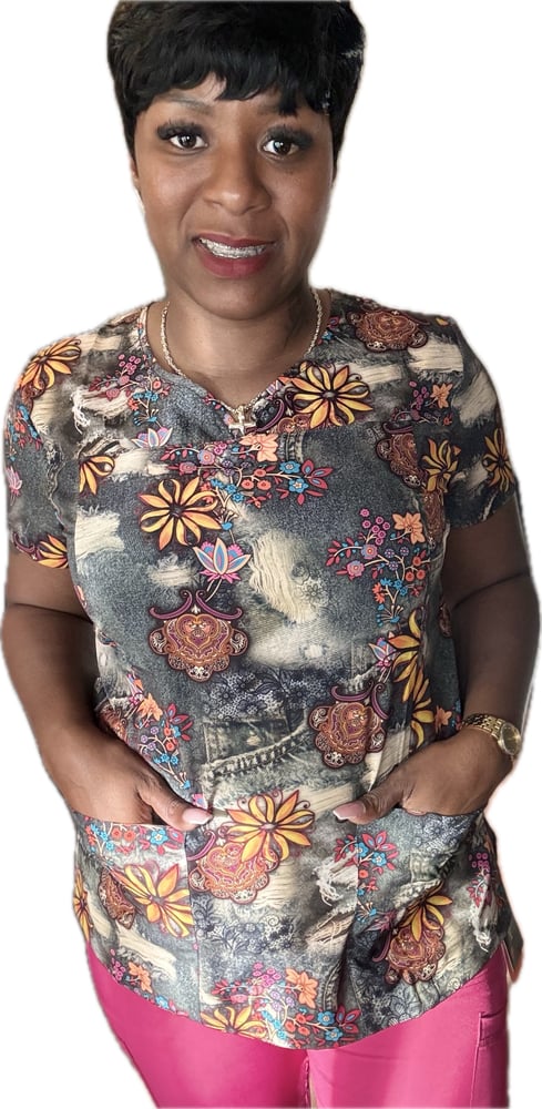 Image of DISTRESSED PRINTED SCRUB TOP