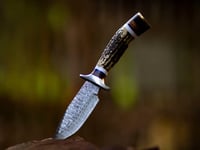 Image 1 of 9" Handmade Damascus Steel Skinner Knife with Elk Antler Handle & Cowhide Leather Sheath