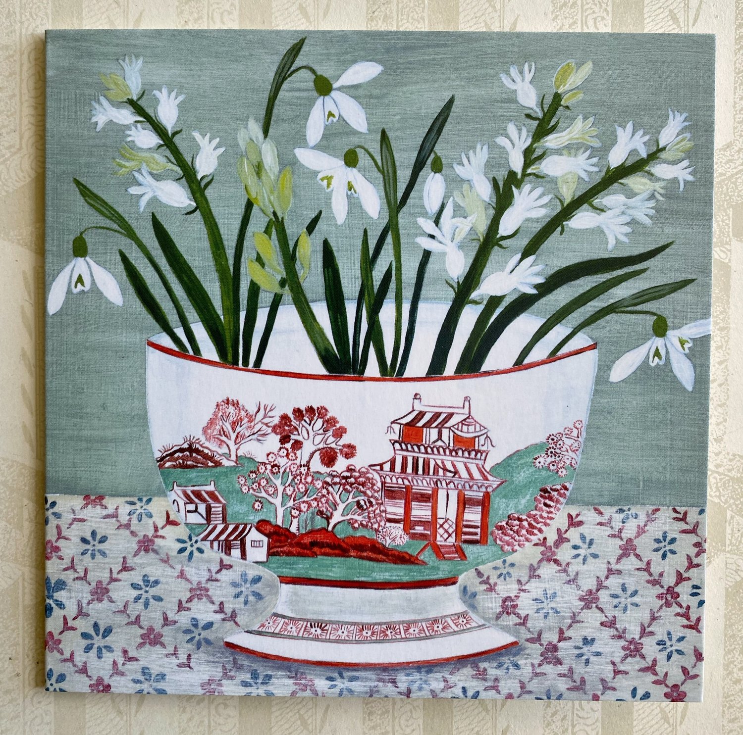 Image of Season’s Greetings card bowl of snowdrops 