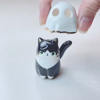 Image 1 of Tuxedo Kitty With Ghost Mask Ceramic Figurine 