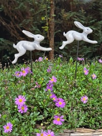 Image 1 of Leaping bunny on stake Set of 2