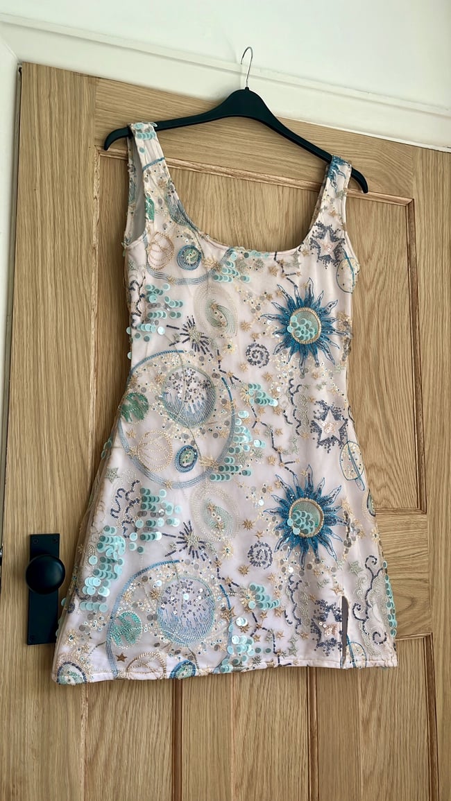 White Universe Dress. Heavily Embellished Tulle Velvet Dress