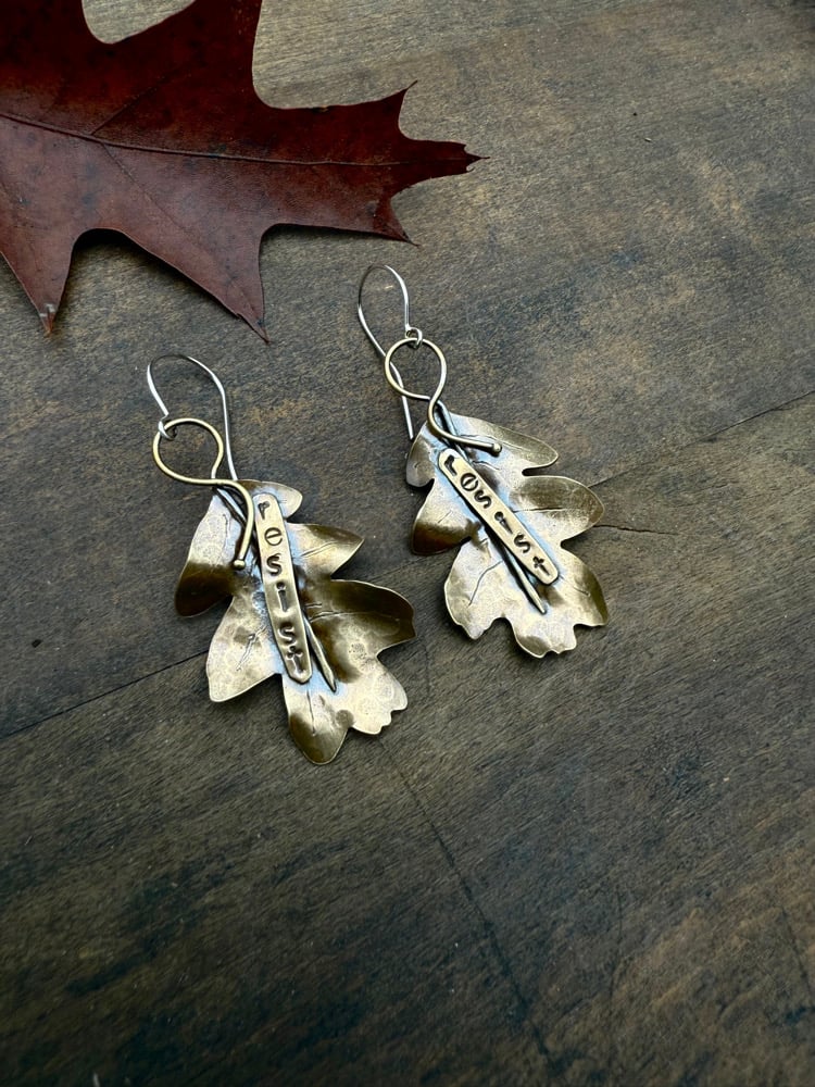 Image of Brass Oak Leaf "Resist" Earrings