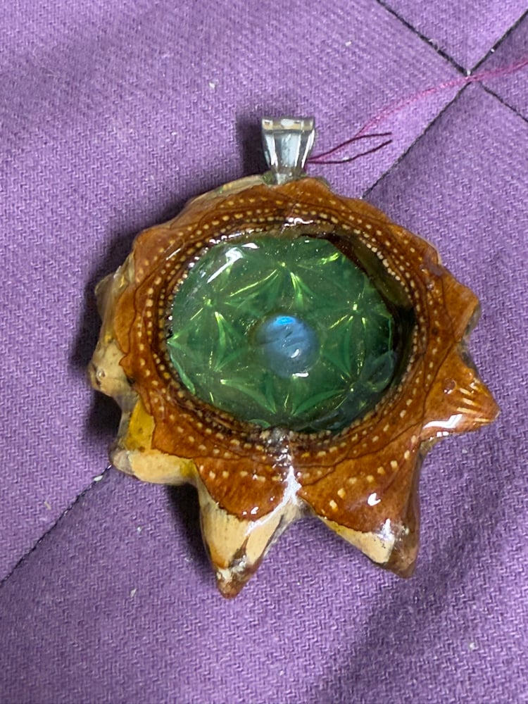 Image of Green Flower of Life Pinecone Charm with Labradorite Center | Handmade PNW Resin Jewelry | #108