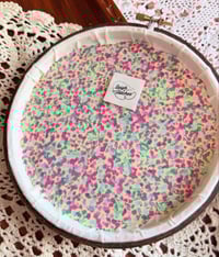 Image 4 of 6” White floral embroidery with green leaves on brown fabric 