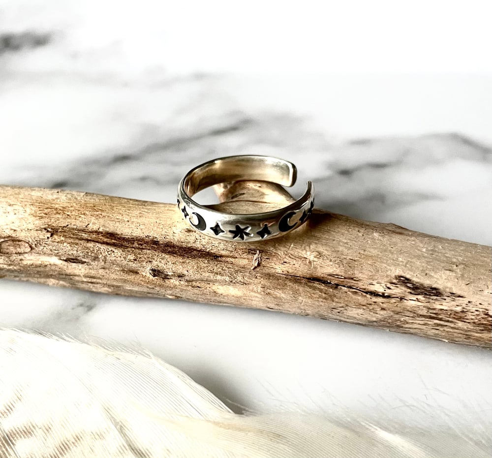 Sterling Silver Adjustable Star And Moon Ring
