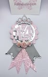 Birthday Badge birthday rosette in baby pink and silver 