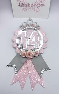 Image 1 of Birthday Badge birthday rosette in baby pink and silver 