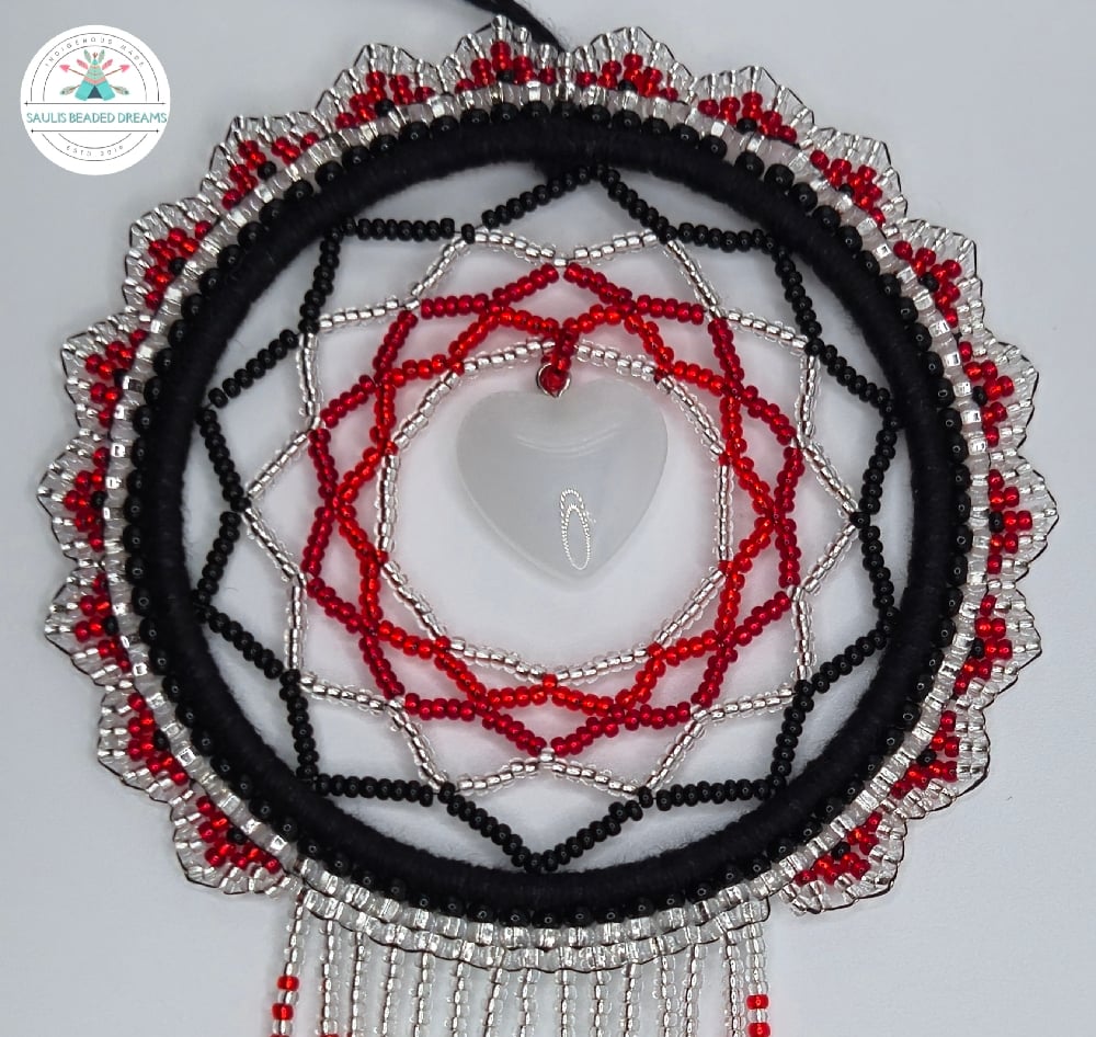 Image of Red, Silver & Black Heart Stone Dreamcatcher