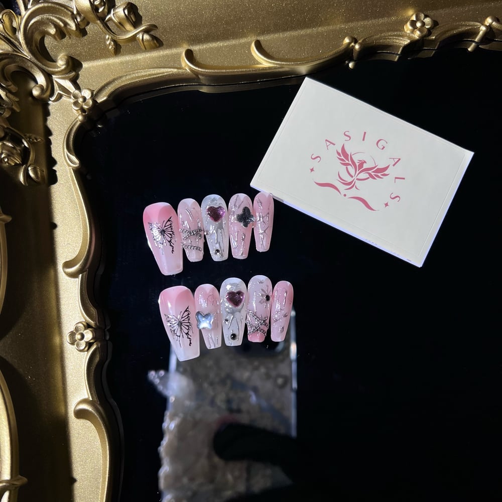 Image of Pink And Silver Butterfly Press On Nails 