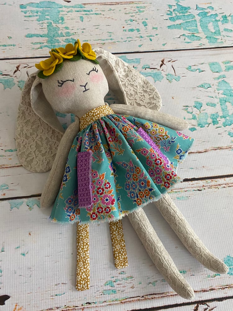 Image of Lilibet, Petite Bunny, With Teal Flowered Dress